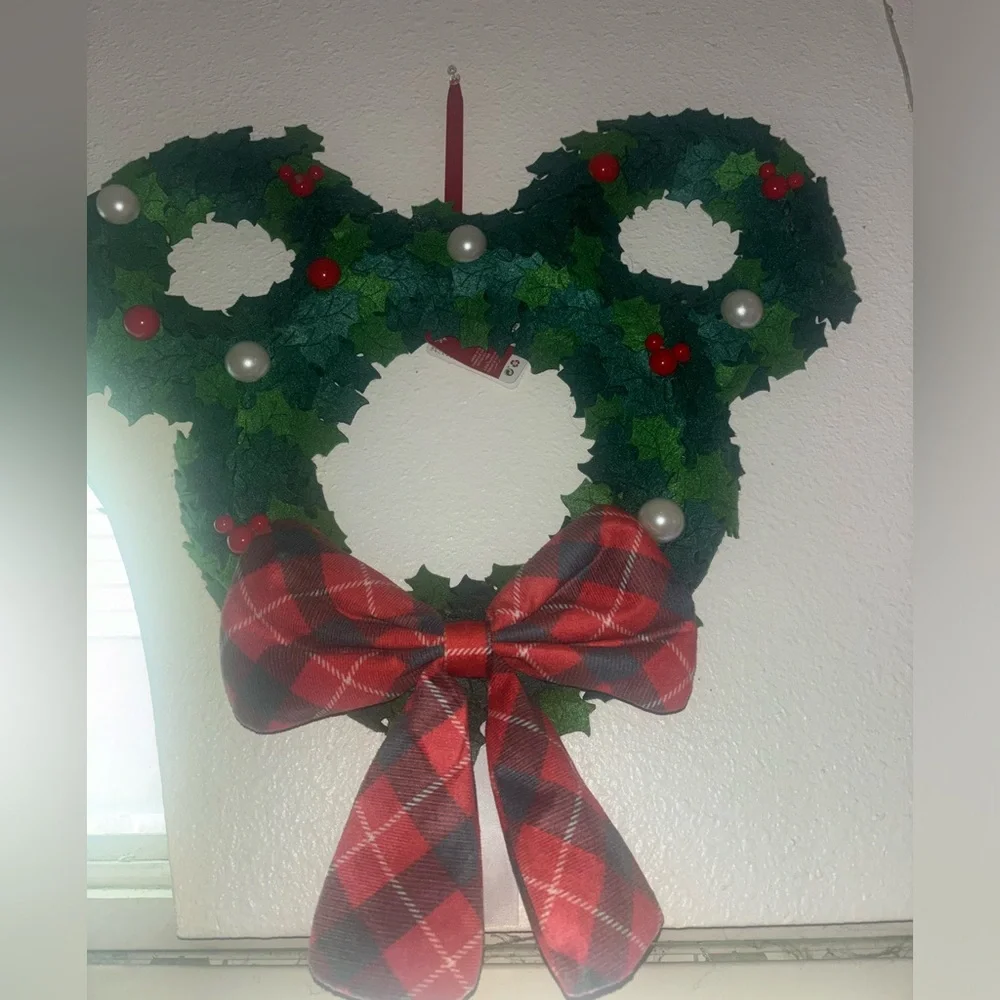 Disney Parks Mickey Festive Green and Red Holiday Christmas Wreath